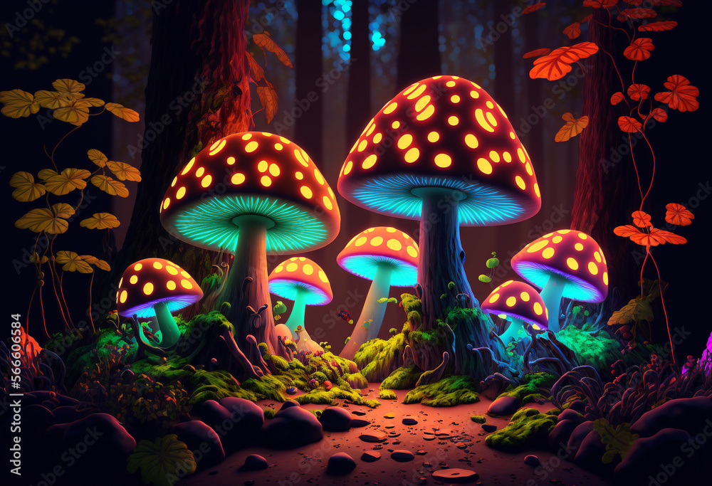 Fototapeta premium Neon-Illuminated Macrocosm: AI-Generated 3D Render of a Colorful and Glowing Forest of Fungi and Foliage