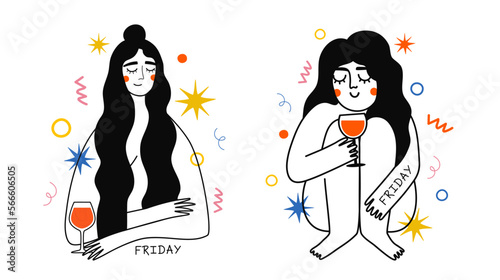 Vector illustration set with women with red wine glass and lettering word Friday. Cute print design collection with drink, party celebration abstract elements. Wall decoration poster, apparel print