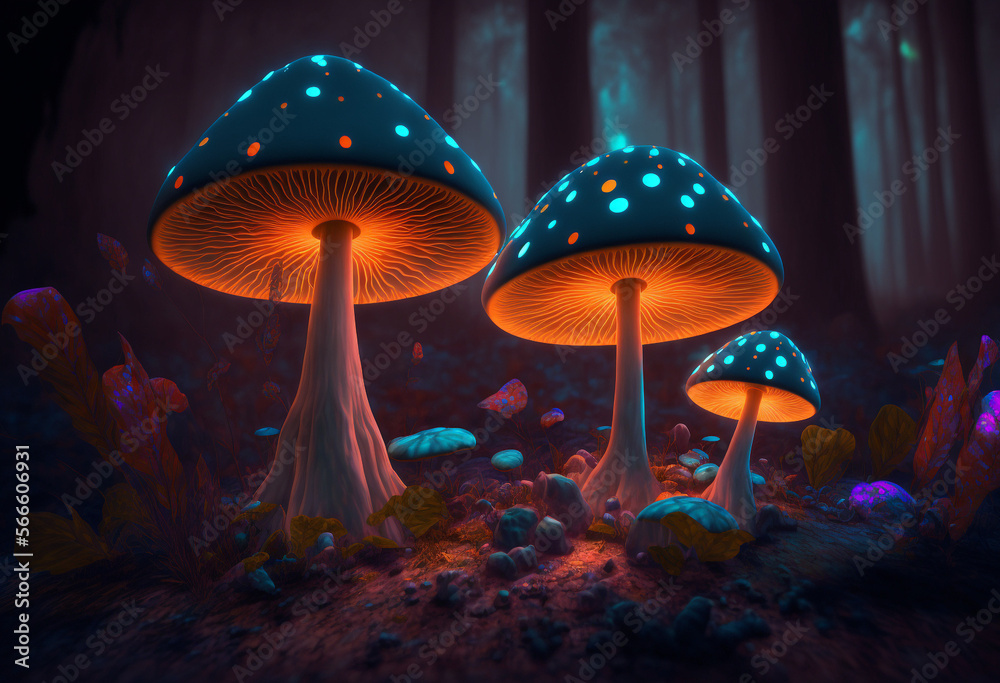 Fototapeta premium Ai-Generated 3D Neon Forest of Glowing Macrofungi