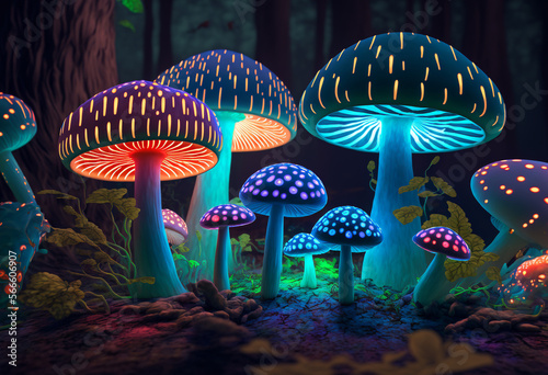 Ai-Generated 3D Neon Forest of Glowing Macrofungi photo