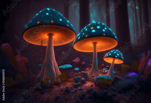 Ai-Generated 3D Neon Forest of Glowing Macrofungi
