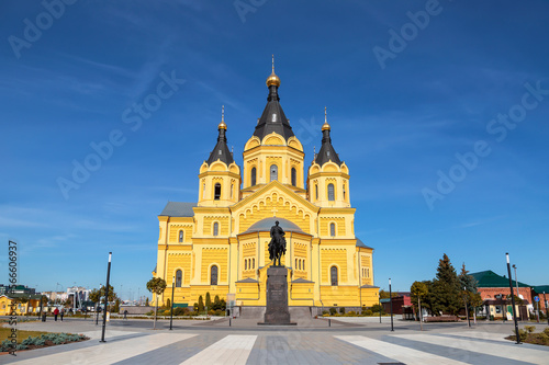 View of the Alexander Nevsky Cathedral with a monument to the Russian Prince Alexander Nevsky. Nizhny Novgorod, Russia