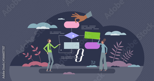 Software algorithm and web application work structure tiny person concept. Program tech pattern optimization and stream plan for flawless user experience vector illustration. Process scheme or diagram