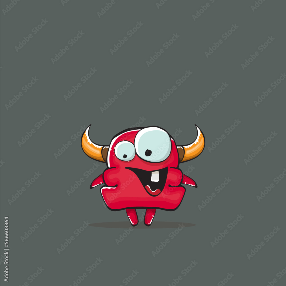 Naklejka premium Vector cartoon funny red monster with horn isolated on grey background. Smiling silly red monster print sticker design template. Ghost, troll, gremlin, goblin, devil and monster