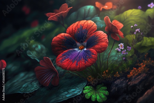 Imaginative and strikingly beautiful vibrant red forest flower in bloom reminiscent of a pansy  captivating and eye-catching beauty of nature - generative AI illustration