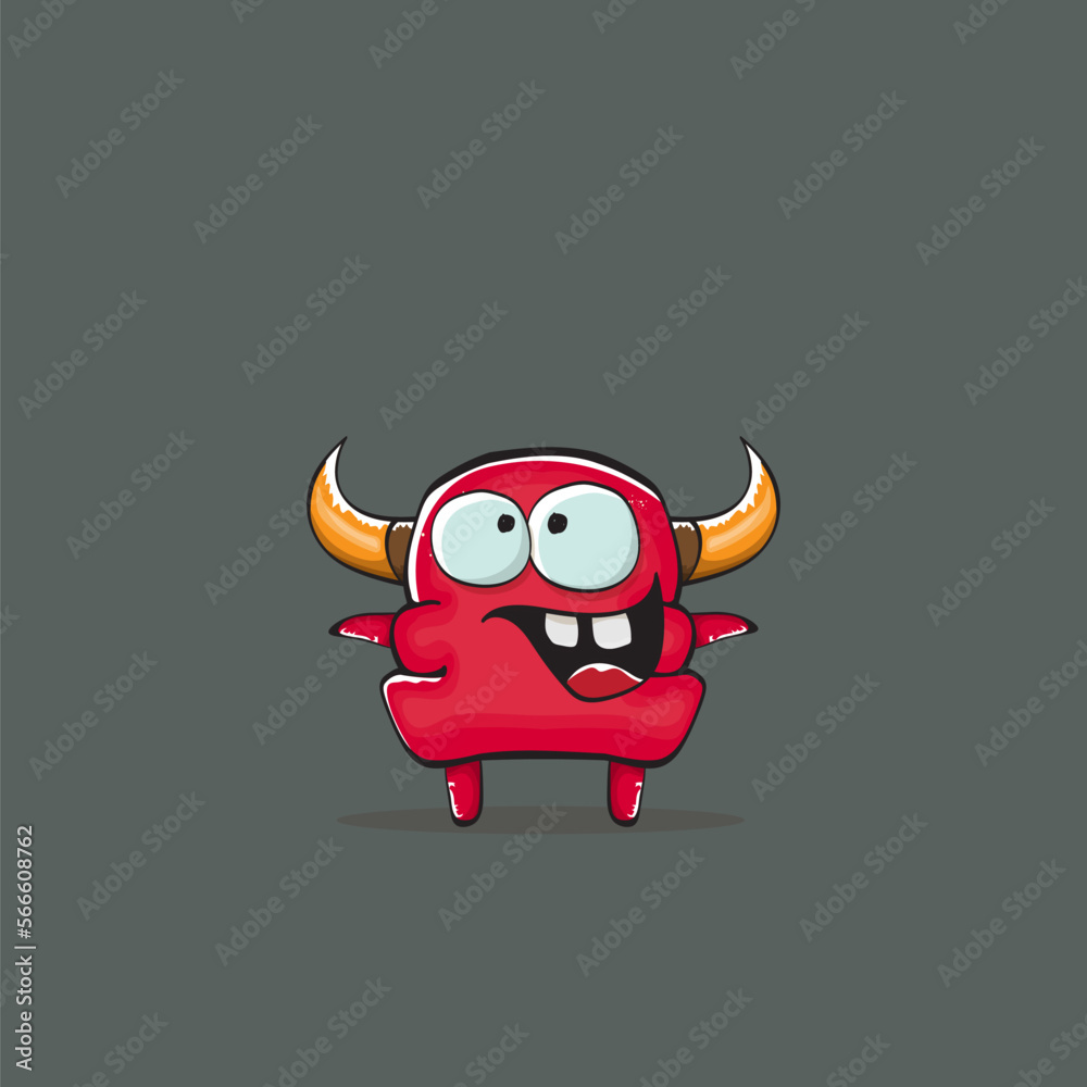 Naklejka premium Vector cartoon funny red monster with horn isolated on grey background. Smiling silly red monster print sticker design template. Ghost, troll, gremlin, goblin, devil and monster