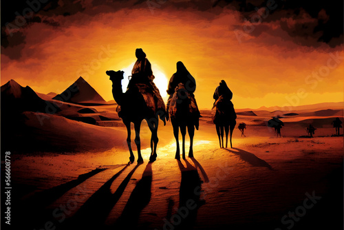 Silhouettes of several Bedouins on camels against the backdrop of sunset. Arabian desert.