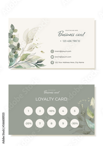 Business card template in a natural style with leaves and plants. Loyalty card for clients. Suitable for beauty salons, massage therapists, psychologists, etc. Vector