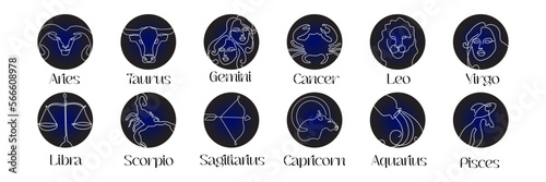 Astrological zodiac signs in line art style on dark blue Zodiak astrology symbol