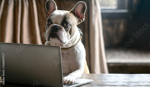 Frenchie, a French bulldog puppy dog using a laptop, pup has it paws up on the laptop keyboard looking at who is watching him.  This is an image of a pet dog working at the computer generative ai. photo