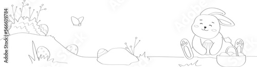 Vector illustration of rabbit with Easter eggs and a basket with a copy space. Fine line art.