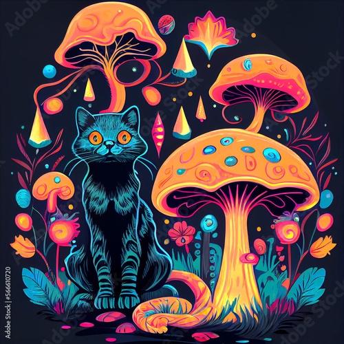 Psychedelic trippy cat acid with neon mushroom hippie illustration. groovy postcard with kitten © Lucia Fox