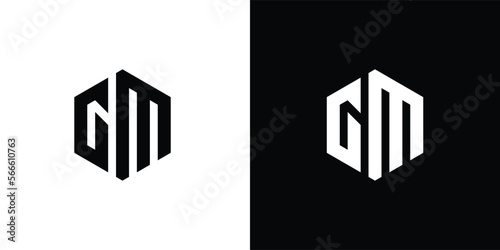 Letter G M polygon, Hexagonal minimal and professional logo design on black and white background