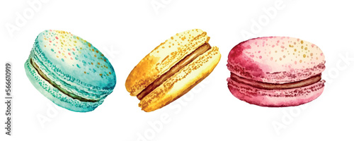 Watercolor set macaroons decorated isolated on white background. Hand drawn illustration of popular crunchy dessert for cafe decoration