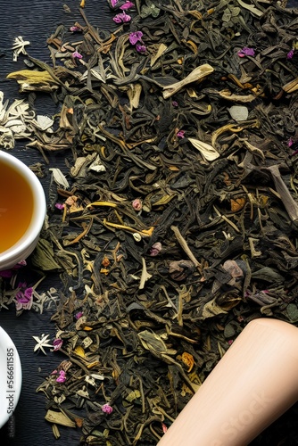 tea with aromatic herbs on a dark table, horizontal - generative ai