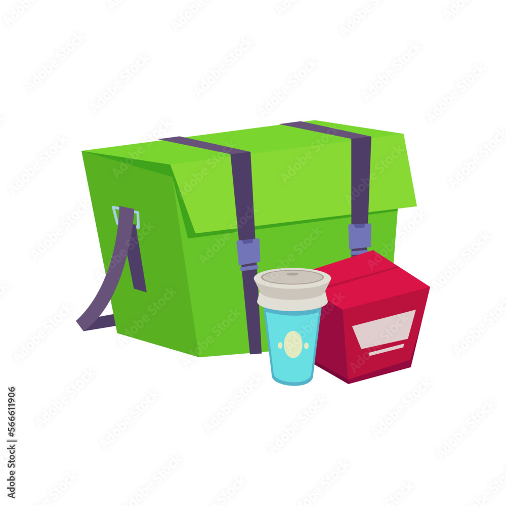Large bag for delivering food and drinks vector illustration. Express delivery elements isolated on white background. Food delivery concept Large bag for delivering food and drinks vector illustration. Express delivery elements isolated on white background. Food delivery concept