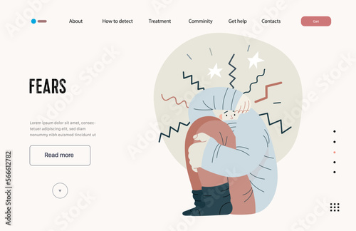Mental disorders web template. Fears- modern flat vector illustration of woman dreading nervous, bracing herself meeting with stress experience. People emotional, psychological, mental traumas concept