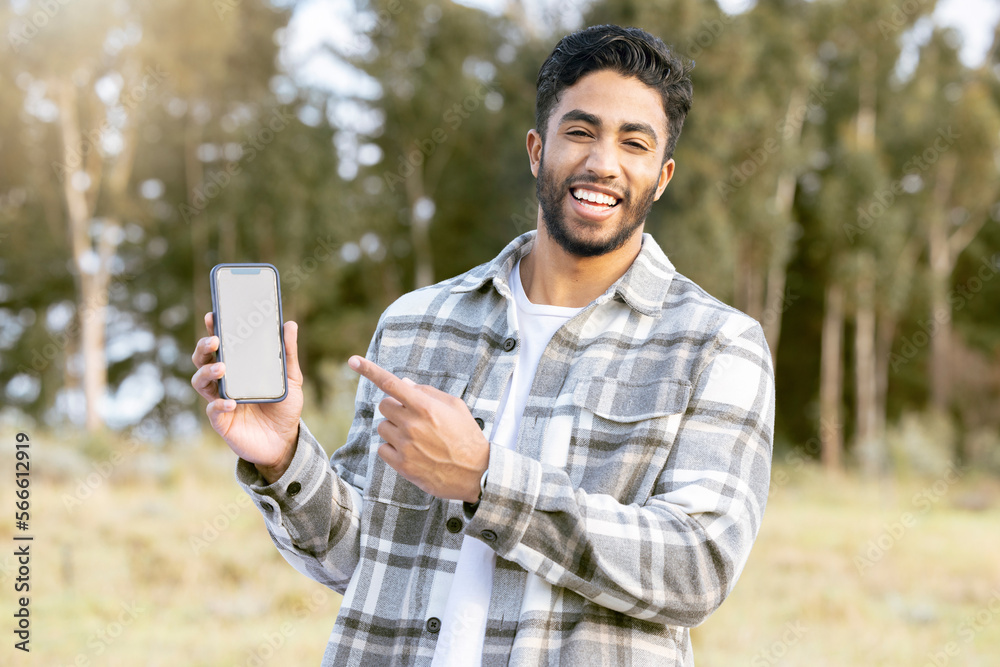 Mockup, phone and portrait of man in nature or forest with mobile app, product placement or 5g technology promotion. Happy person, hand holding smartphone and space, mock up and screen in a park Mockup, phone and portrait of man in nature or forest with mobile app, product placement or 5g technology promotion. Happy person, hand holding smartphone and space, mock up and screen in a park