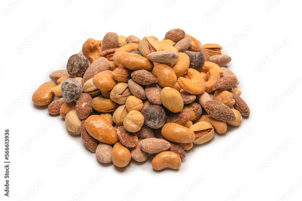  A group of almonds, pistachios, walnuts, macadamia, cashews.