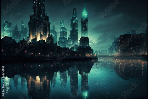  a night scene of a city with a lake in the foreground and lights in the sky in the background  and a large body of water in the foreground.  generative ai