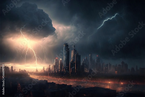  a city with a lot of lightning in the sky and a lot of clouds in the sky and some buildings in the foreground and a lot of lights in the foreground. generative ai