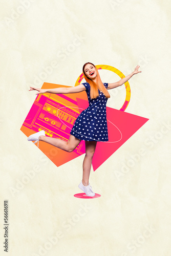 Creative photo collage poster picture artwork of happy joyful pretty elegant lady dance ballet isolated on painting background