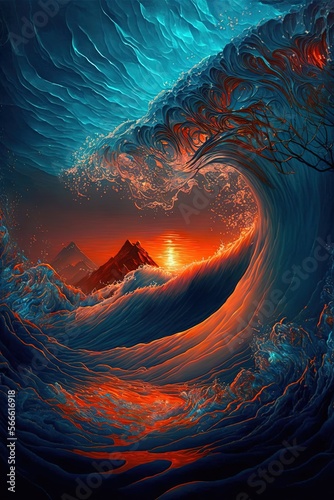 beautiful warm colors deep blue waves imagination abstract Generative AI