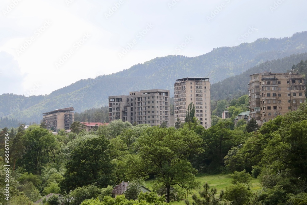 residential silos in nature with mountains, Bordschomi, Georgia, Caucasus