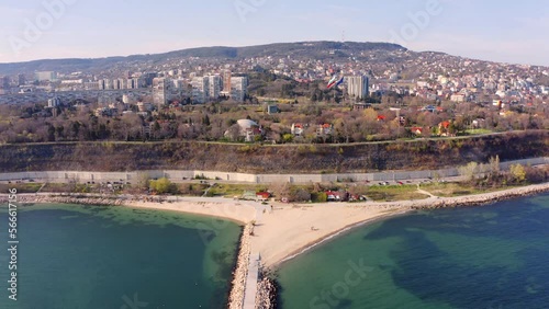 4k drone flight back footage (Ultra High Definition) of Varna port. Amazing seascape of Black sea, east coast of Bulgaria, Europe. Traveling concept background. photo