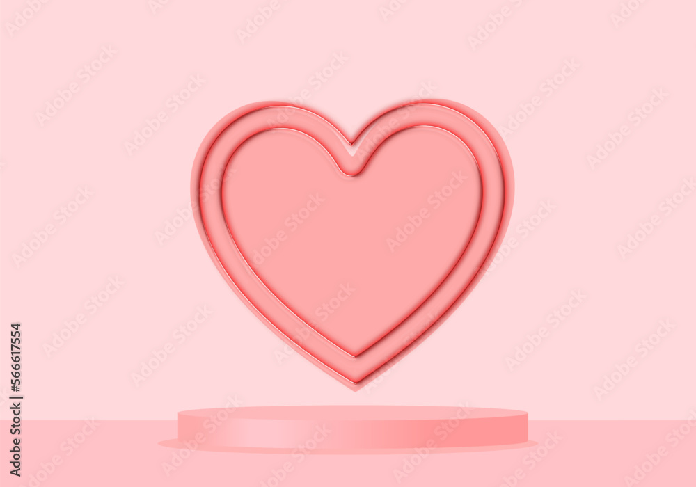 Pink product background with stand, podium pedestal and pink heart. Valentine's day backdrop vector illustration.