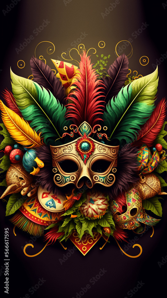 Carnival mask with feathers and bright colors, Generative Ai
