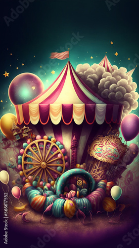 Carnival circus tent in bright colors with carousel. Generative Ai