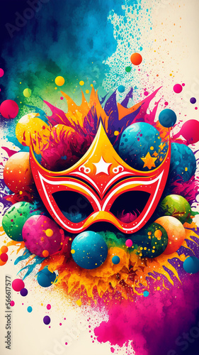 Carnival mask with bright balloons and color splash, Generative Ai, 