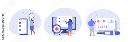 
Performance management illustration set. Characters setting goals and objectives to professional development, continuous improvement and personal growth. Business concept. Vector illustration.