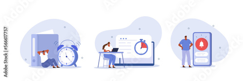 
Time management illustration set. Characters using time tracker, reminder and notification tools to organize tasks, deadline schedule and increase productivity. Business concept. Vector illustration.