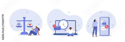 
Stress management illustration set. Business characters trying to maintain healthy work life balance to prevent burnout. Mindfulness and meditation at work concept. Vector illustration.