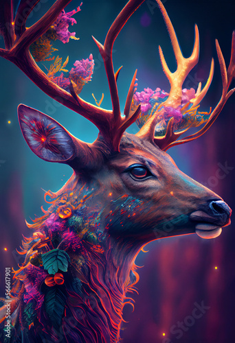 Fantasy Forest with Mythical Beauty Deer and Antlers with Flowers and Greenery Generative Ai © Amika Studio