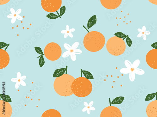 Seamless pattern of orange fruit with white flower on green mint background vector illustration.