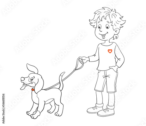 Happy boy with a little funny puppy. Black and white picture with red details. For coloring book. In cartoon style. Isolated on white background. Vector illustration