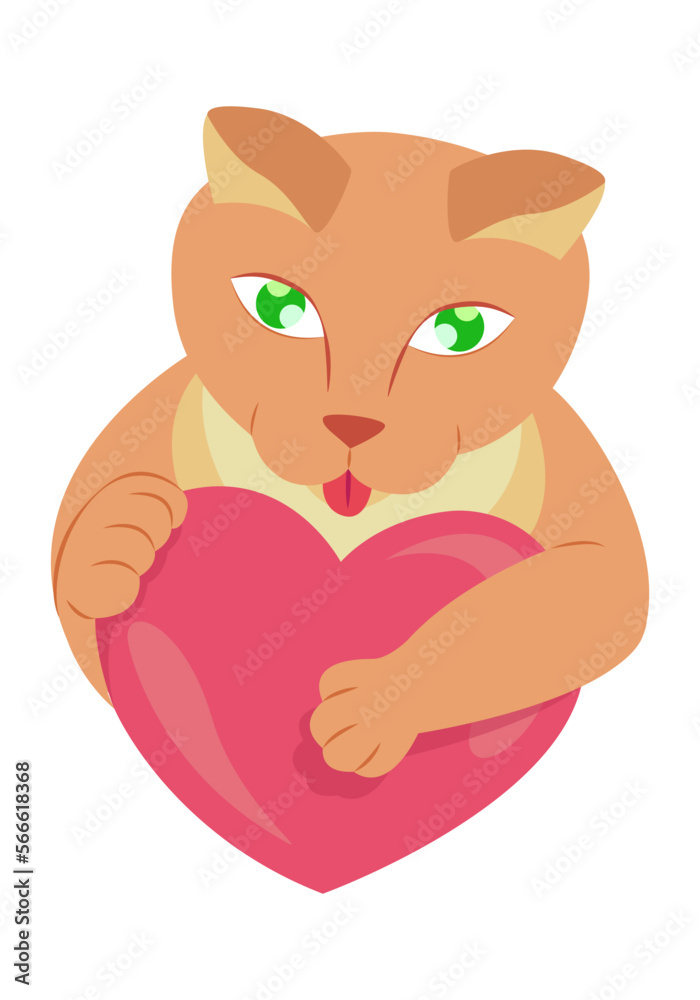 Cat hugging a stylized heart, vector illustration for Valentine's Day. Cat and symbol of love