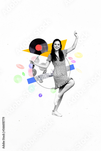 Vertical collage picture of cheerful excited black white gamma girl dancing painted vinyl records isolated on creative background