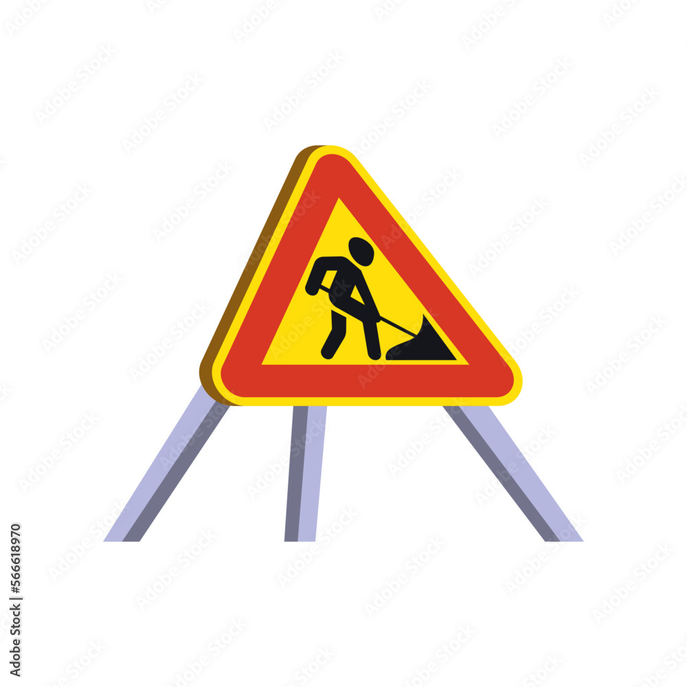 Cartoon roadwork sign isolated on white. Vector illustration of construction equipment. Building work concept Cartoon roadwork sign isolated on white. Vector illustration of construction equipment. Building work concept