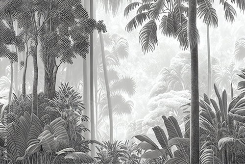 Tropical trees and leaves in foggy forest black and white wallpaper design. Generative AI illustrations.