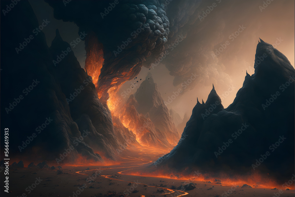 Abstract fire in the mountains in dark style created with Generative AI Technology