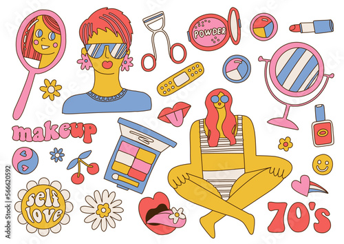 70s groovy makeup elements set. Home Beauty procedure. Cool Girl makes face care with shadows, lipstick, powder. Cosmetology retro concept with woman. Flat contour vector illustration