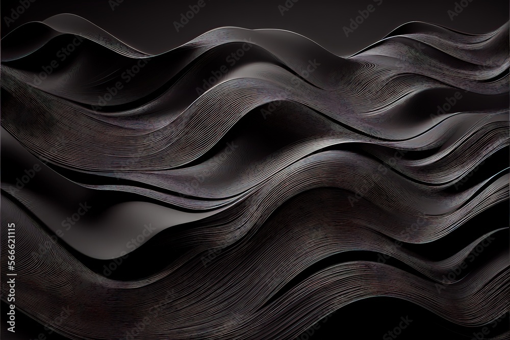 Generative AI illustration of black wavy abstract layer as panorama background, gain and metal Generative AI illustration of black wavy abstract layer as panorama background, gain and metal