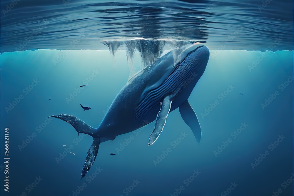 Naklejka premium Generative AI illustration of Blue whale under water, ocean