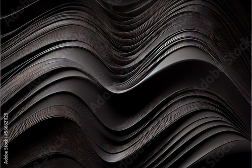 Generative AI illustration of black wavy abstract layer as panorama background, gain and metal
