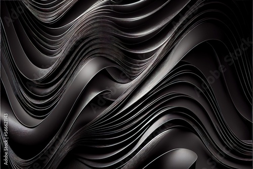 Generative AI illustration of black wavy abstract layer as panorama background, gain and metal