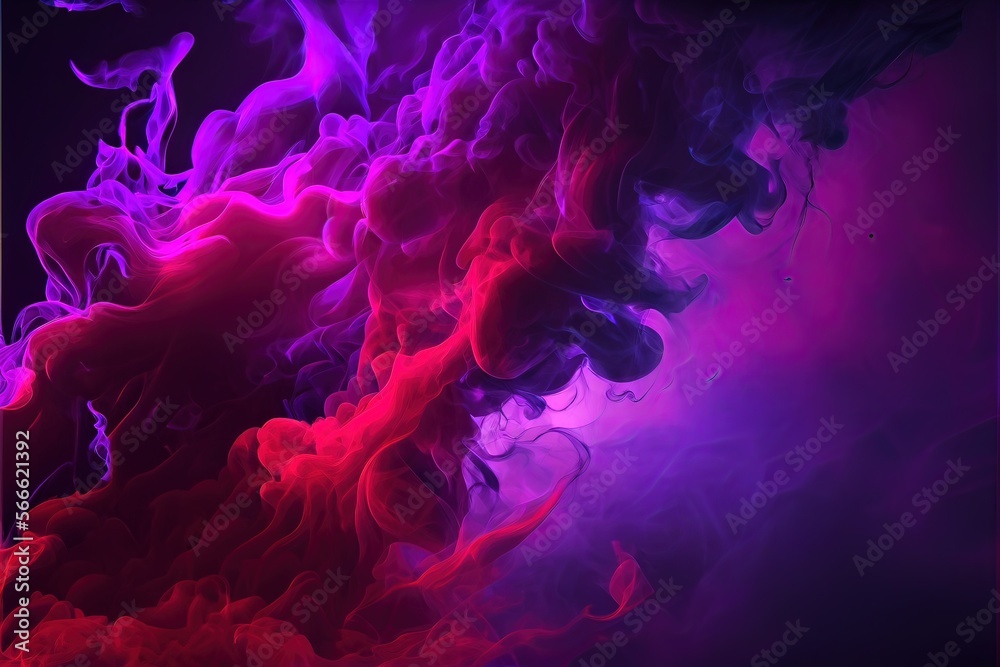 Generative AI illustration of Dramatic smoke and fog in contrasting vivid red, and purple, viva magenta colors. Vivid and intense abstract background or wallpaper.